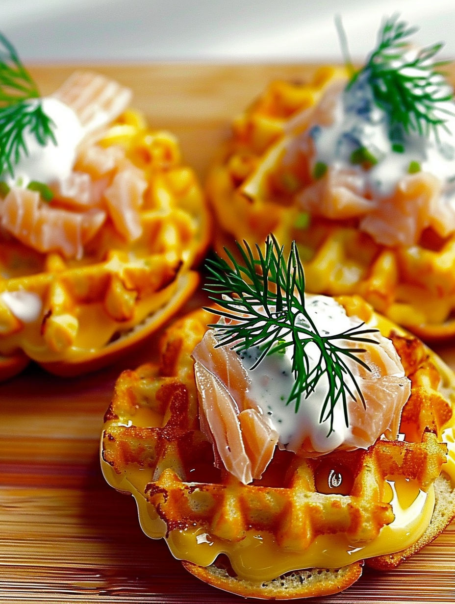A plate of waffles with salmon, corn, and cream.