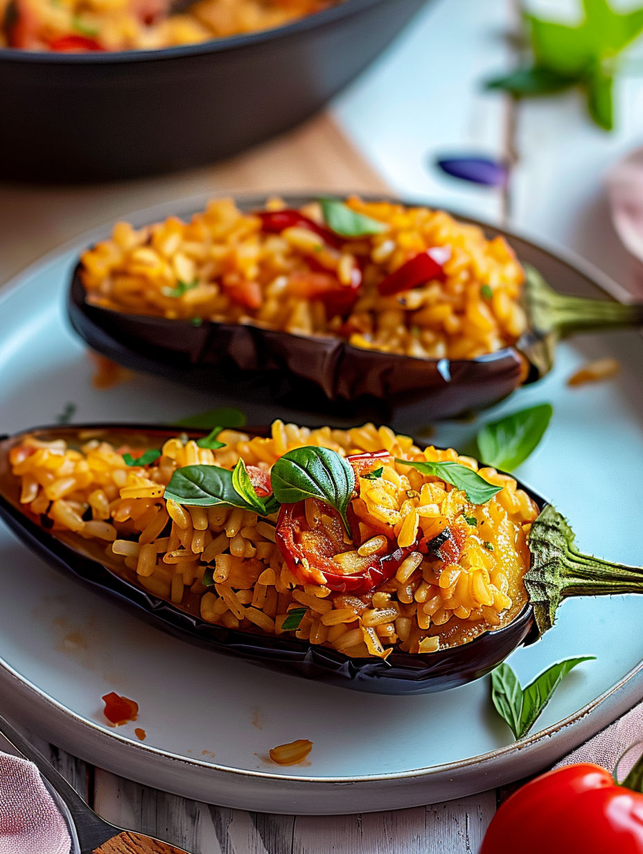 Two barquettes d'aubergines au riz.