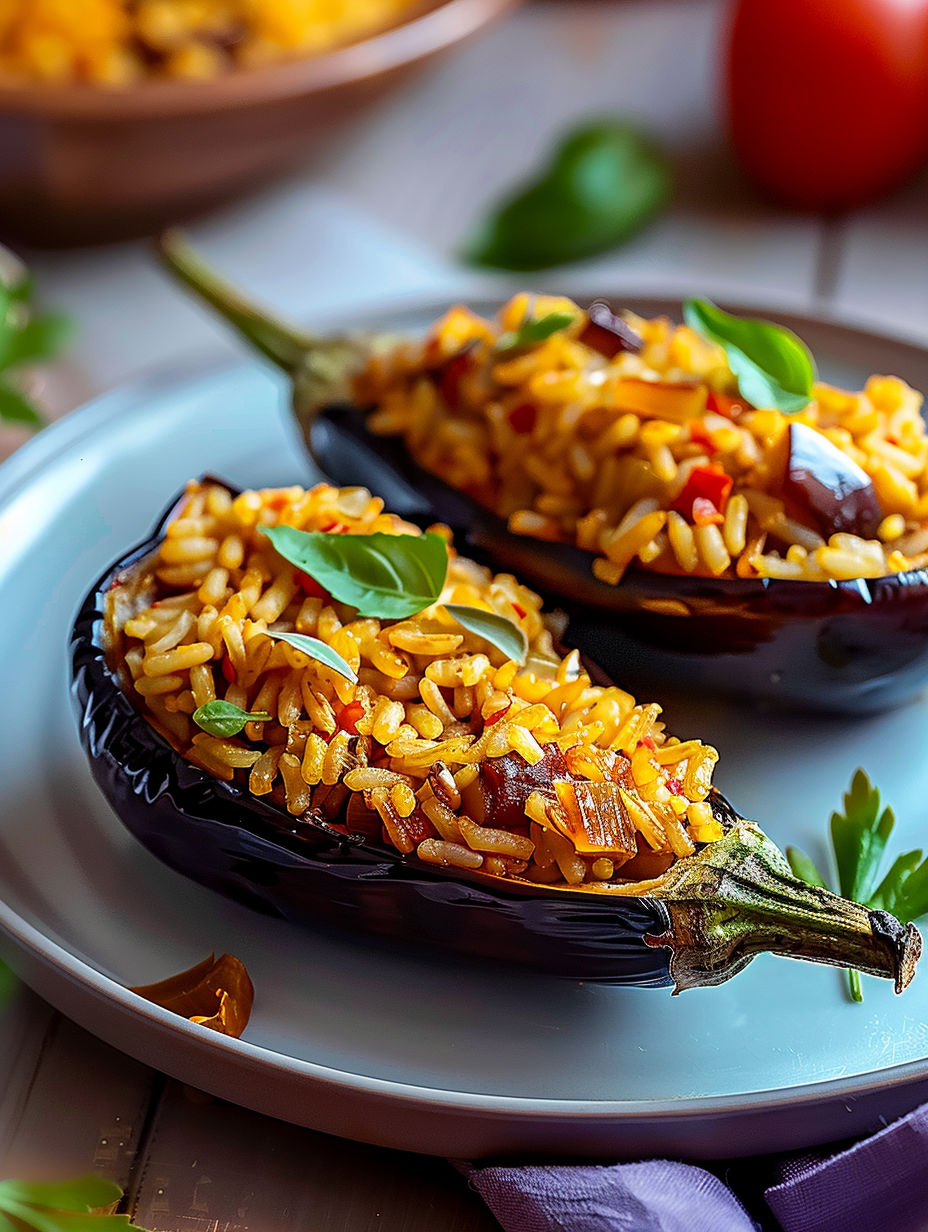 Two barquettes d'aubergines au riz.