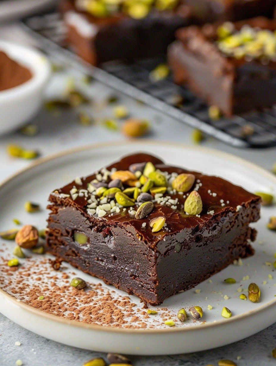 A close up of a brownie with pistachio nuts on top.