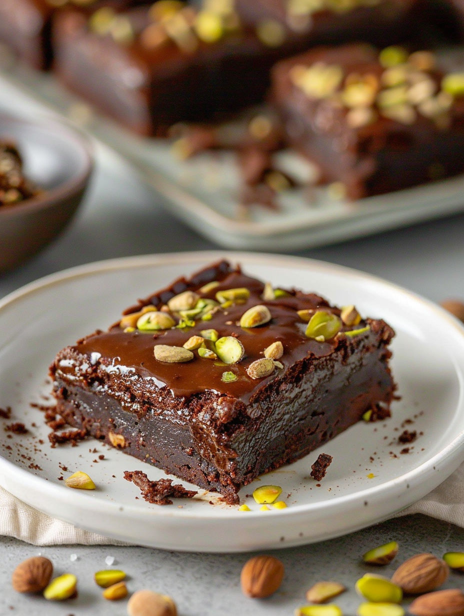 A square piece of chocolate cake with nuts on top.