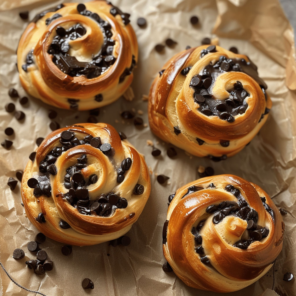 Four brioches roulées crème vanille & pépites de chocolat.