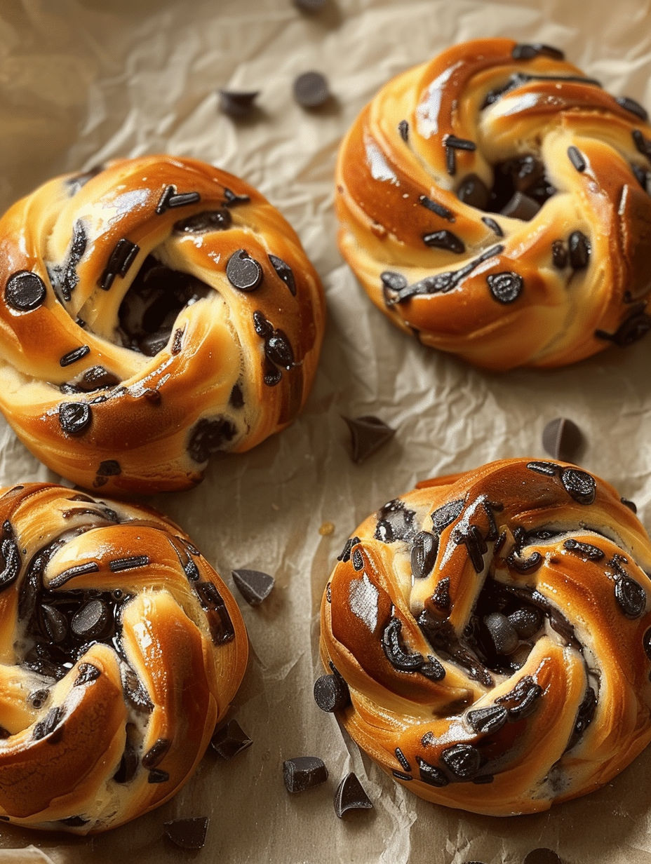 Three brioches roulées crème vanille & pépites de chocolat.