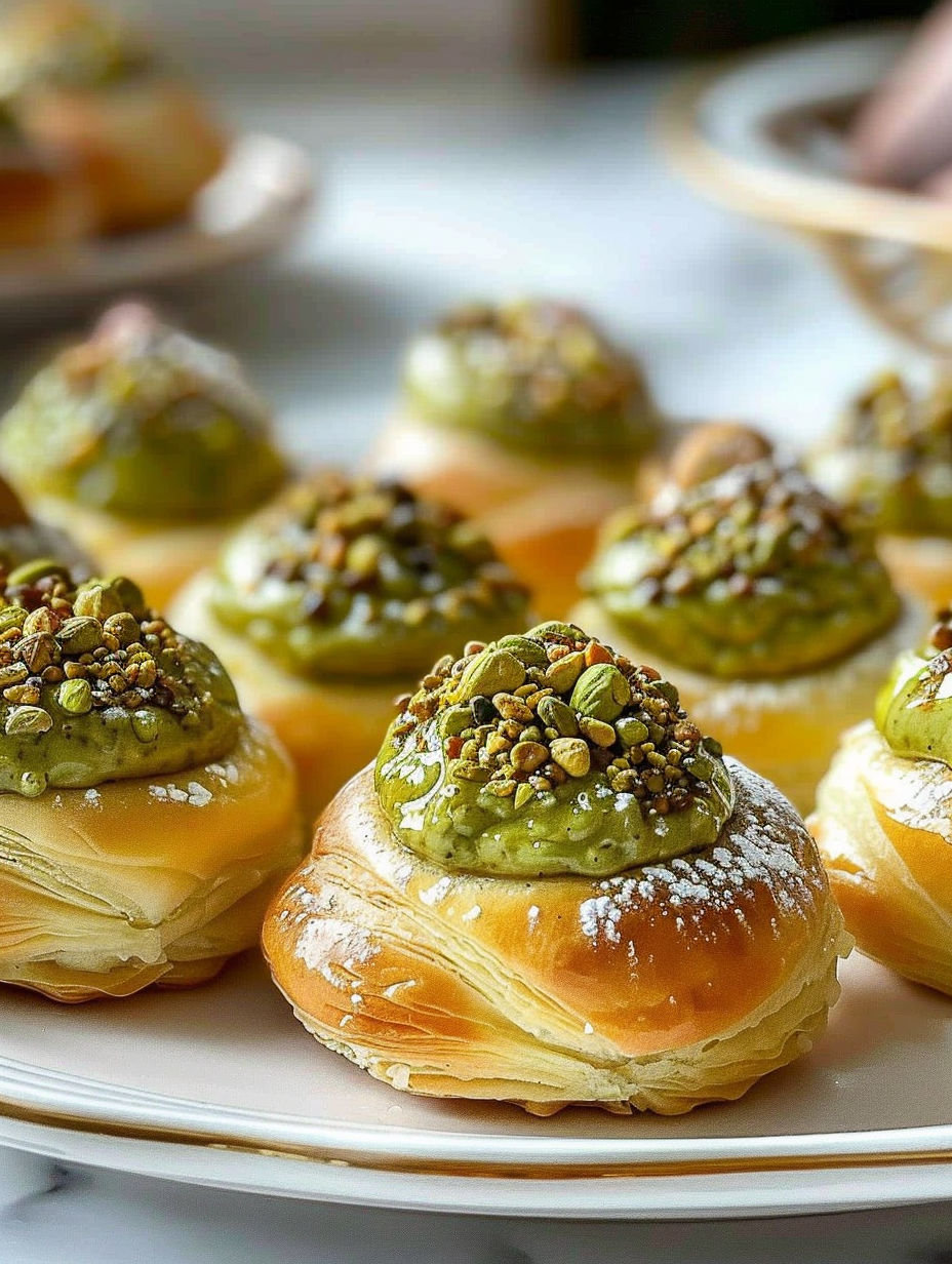 A plate of pastries with green toppings.
