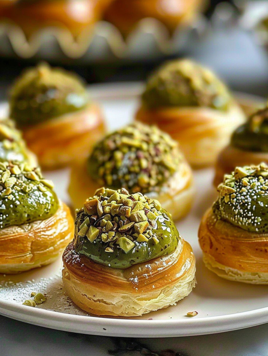 A plate of pastries with green toppings.