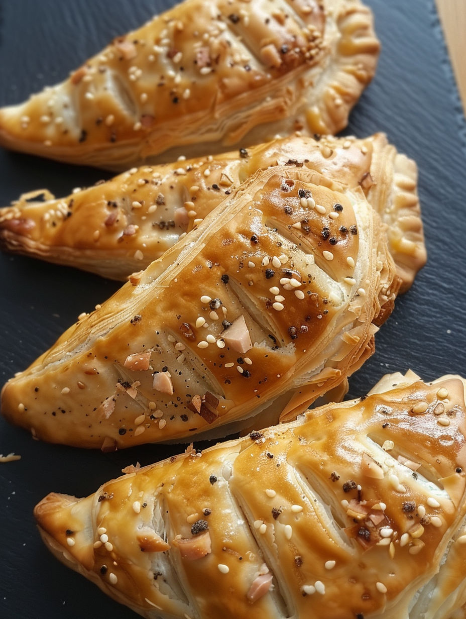 Three pieces of bread with cheese and seafood on top.
