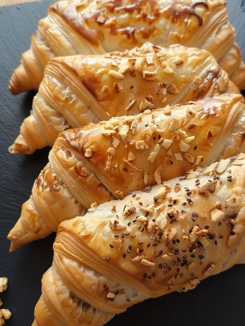 Three pieces of pastry with cheese and seafood.