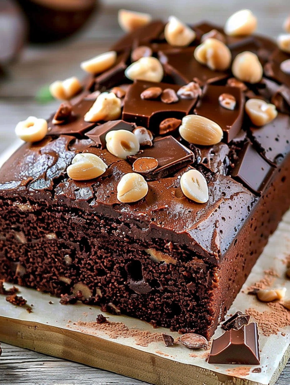A slice of chocolate cake with nuts on top.