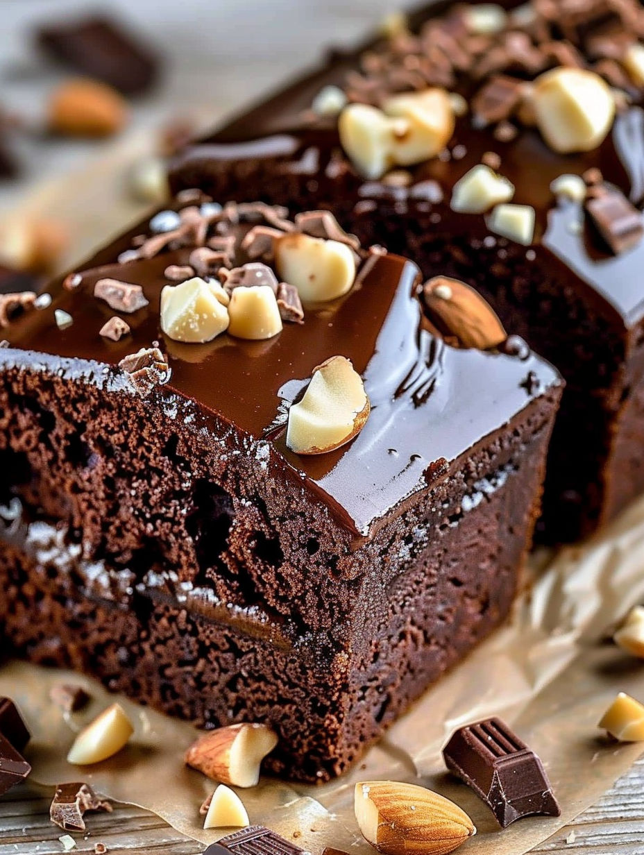 A slice of chocolate cake with almonds on top.