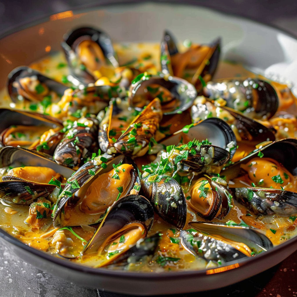 A bowl of mussels with herbs and spices.