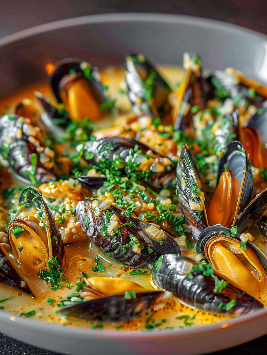 A bowl of mussels with herbs and spices.