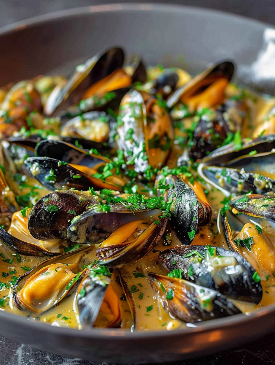 A close up of a dish of mussels with parsley.