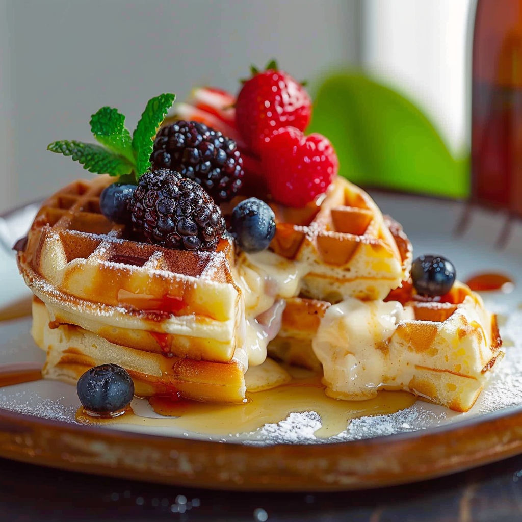 A plate of waffles with fruit on top.