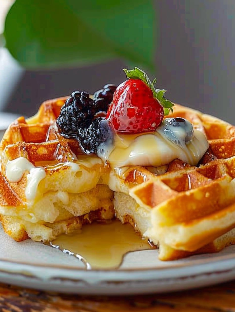 A plate of waffles with strawberries and blueberries on top.
