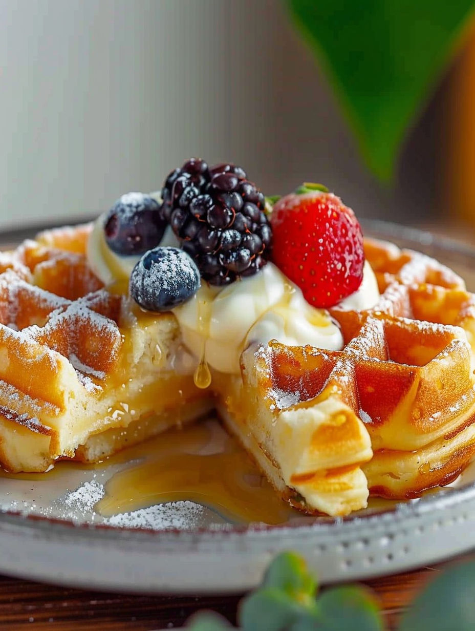 A plate of waffles with fruit on top.