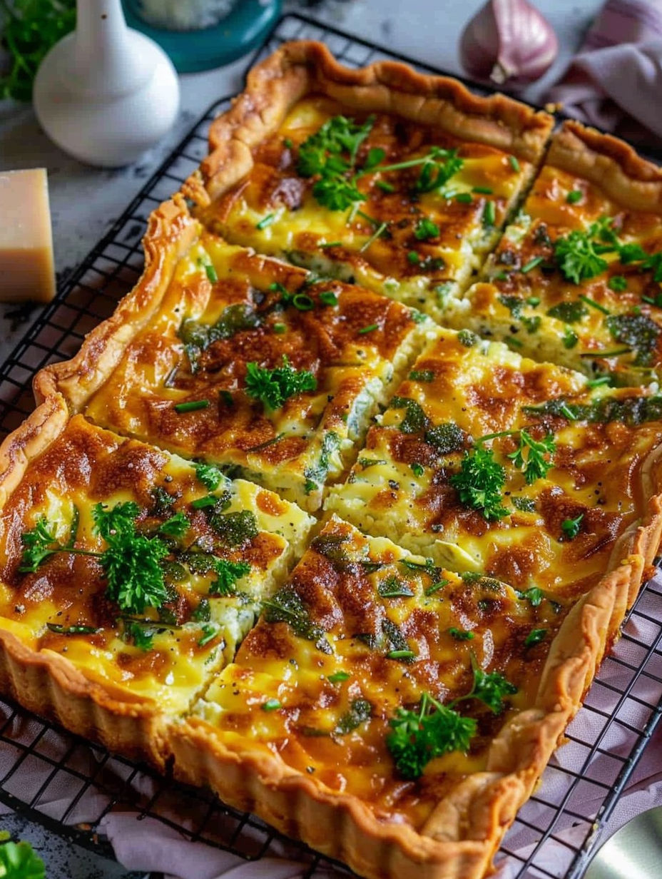 A quiche with cheese and parsley.