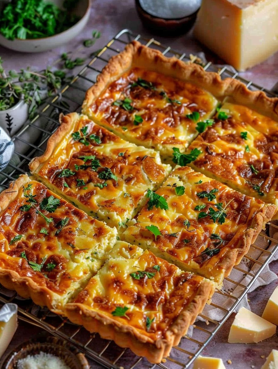 A quiche with cheese and herbs.