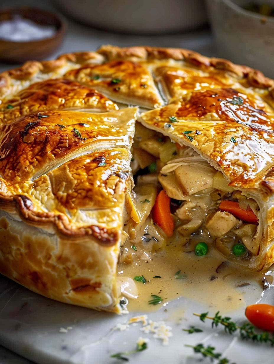 A slice of a pie with chicken and vegetables.