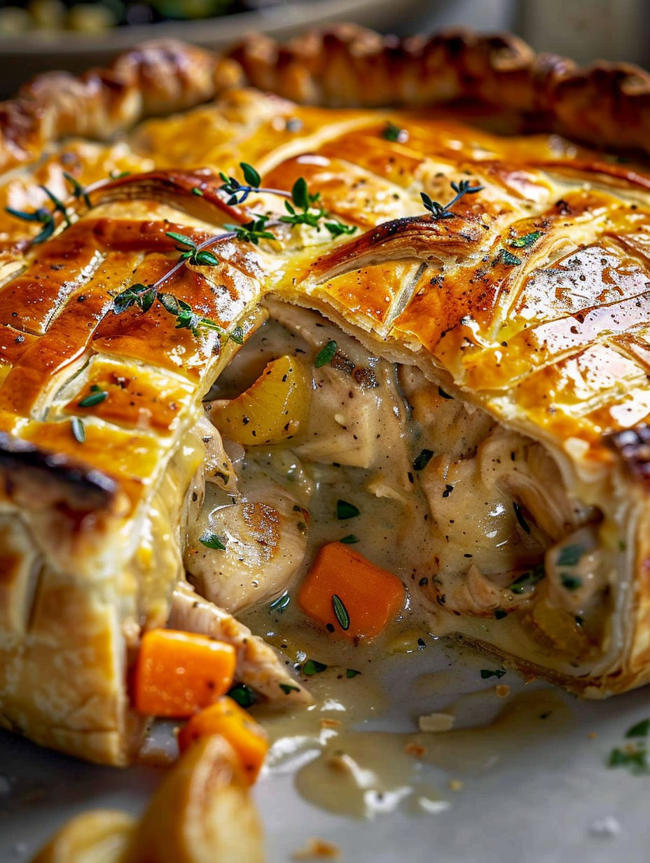 A close up of a pastry with chicken and vegetables.