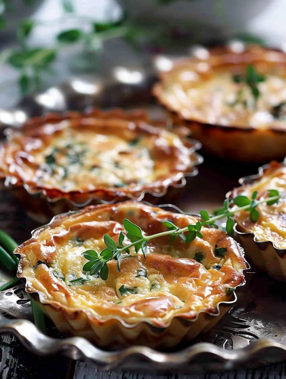 Mini quiches with cheese and ciboulette.