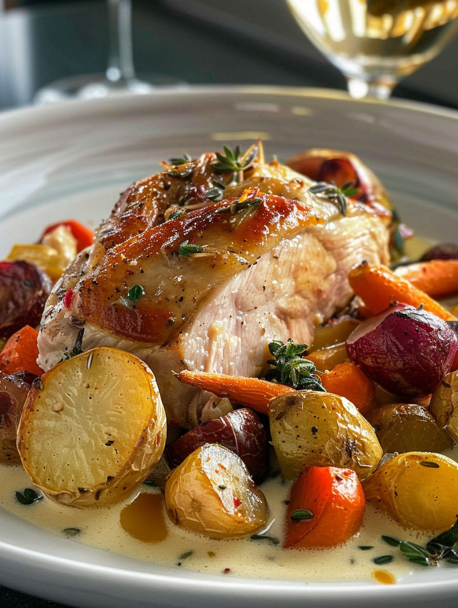 A plate of food with a chicken dish and vegetables.