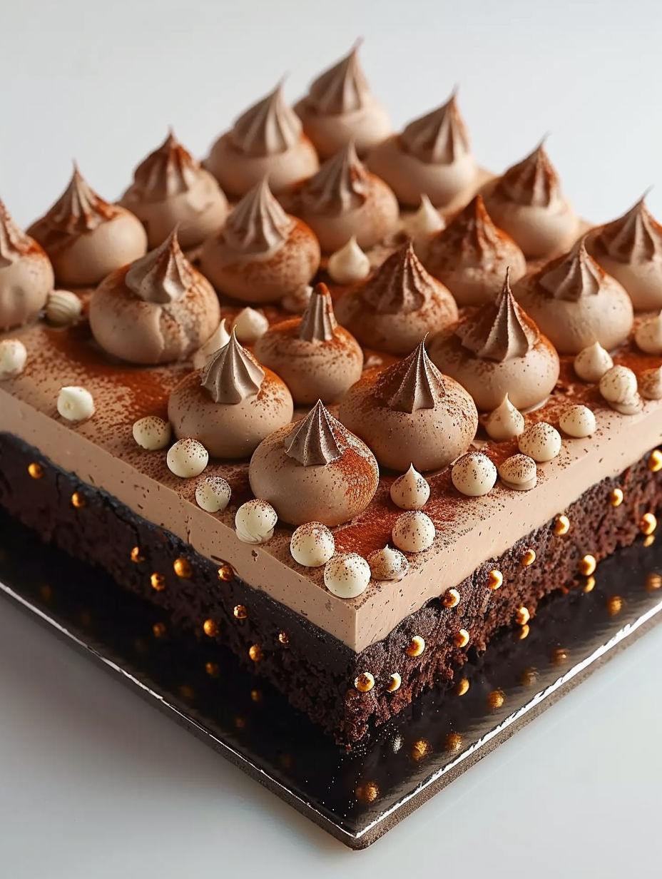 A chocolate cake with white frosting and chocolate chips.