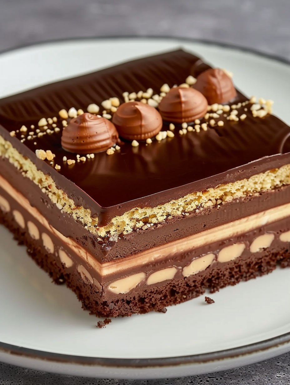 A chocolate cake with chocolate frosting and nuts.