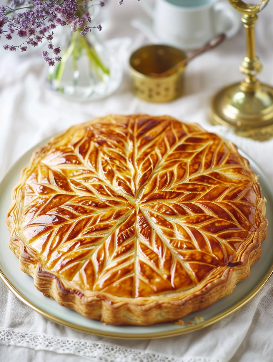 A galette des rois with a golden brown crust.
