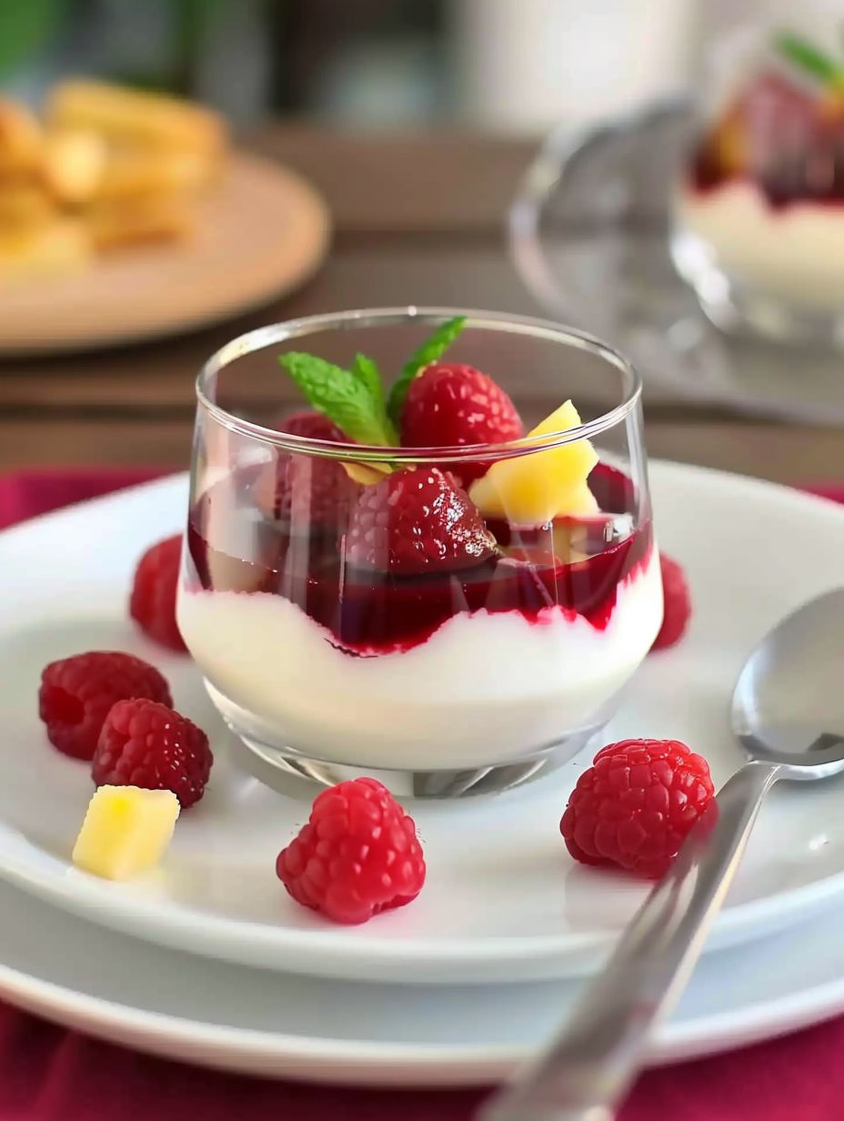 A glass of panna cotta with raspberries on top.
