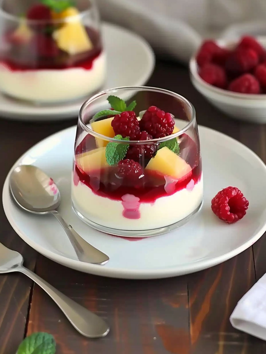 A glass of panna cotta with raspberries on top.