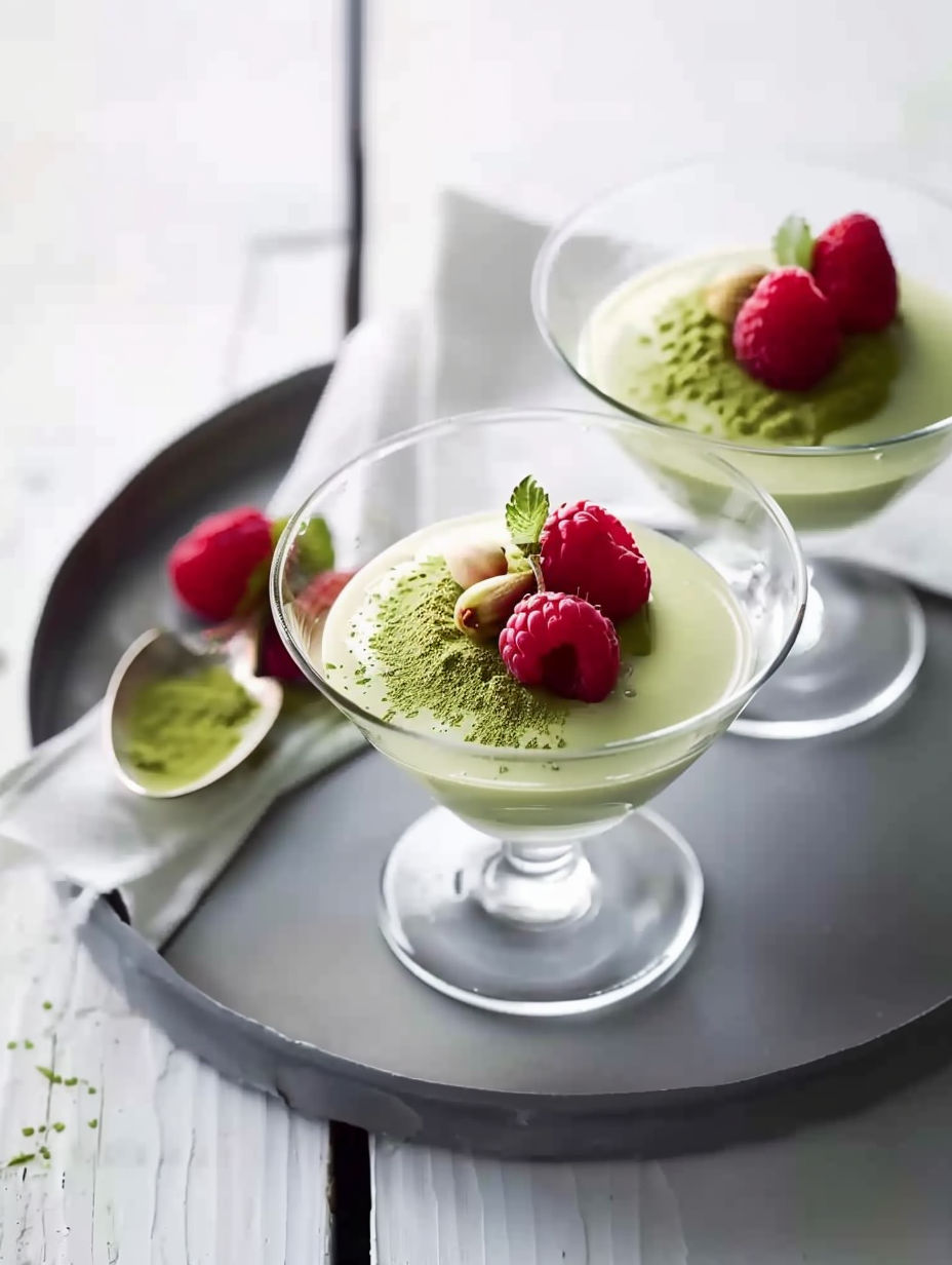 Two glasses of panna cotta infused with matcha.