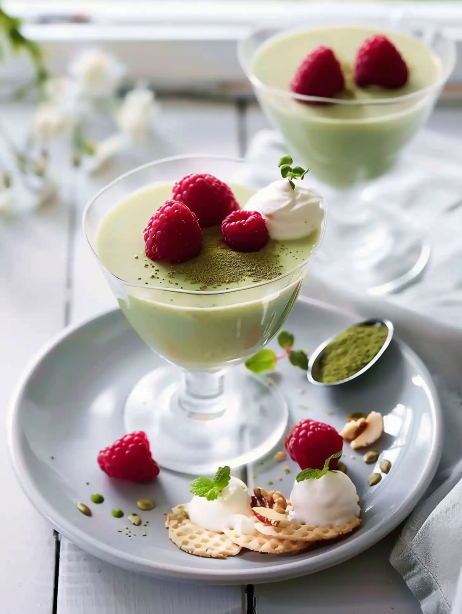 A glass of panna cotta infused with matcha.