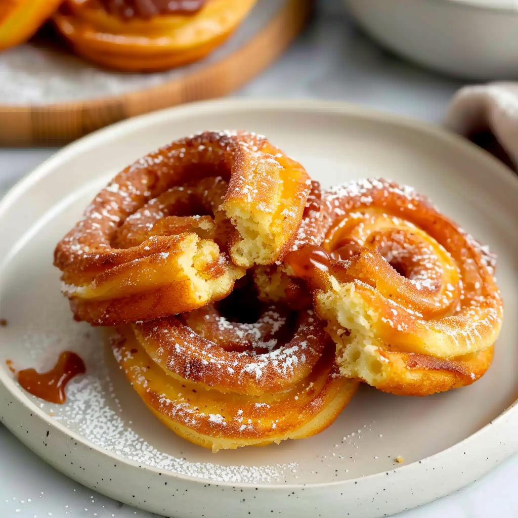 Four beignets with powdered sugar on a plate.