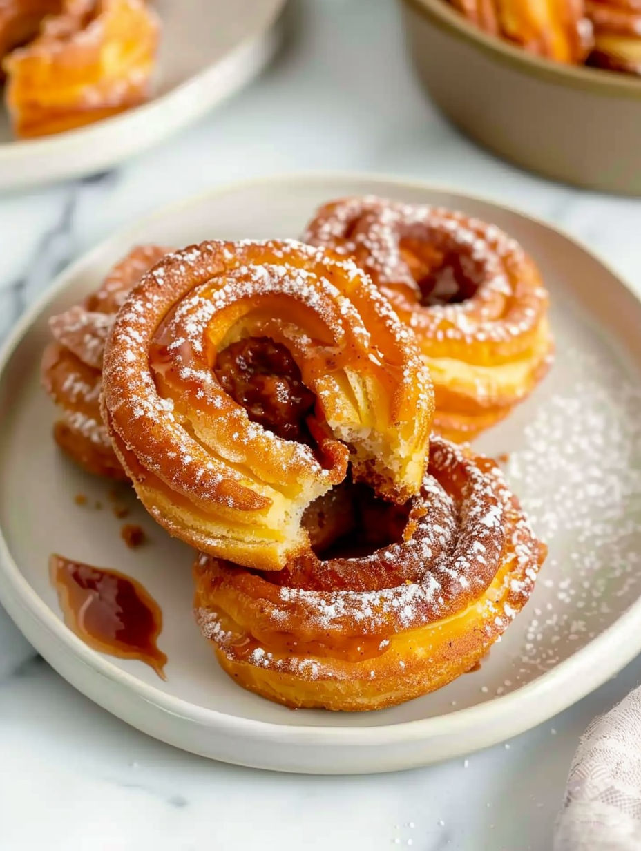 Four churros with dulce de leche on a plate.