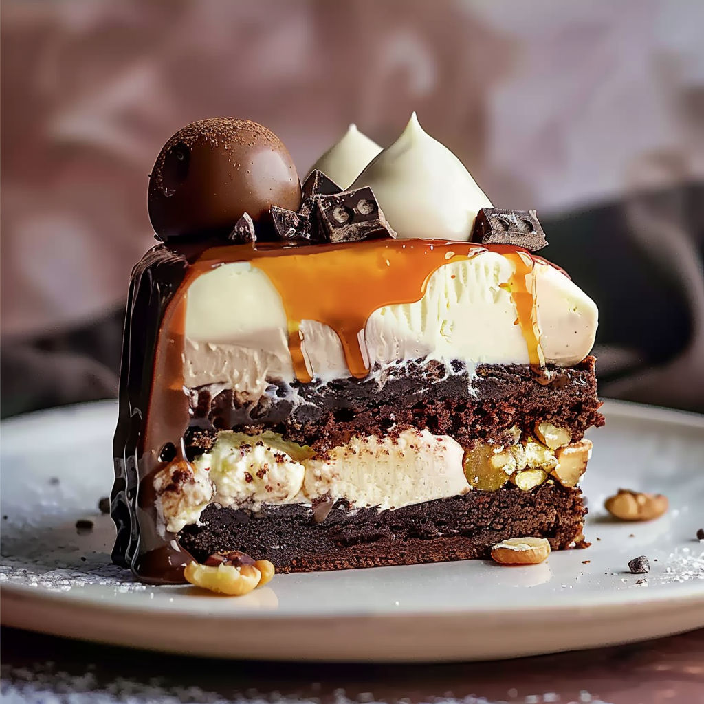 A slice of brownille cake with white icing and chocolate drizzle.