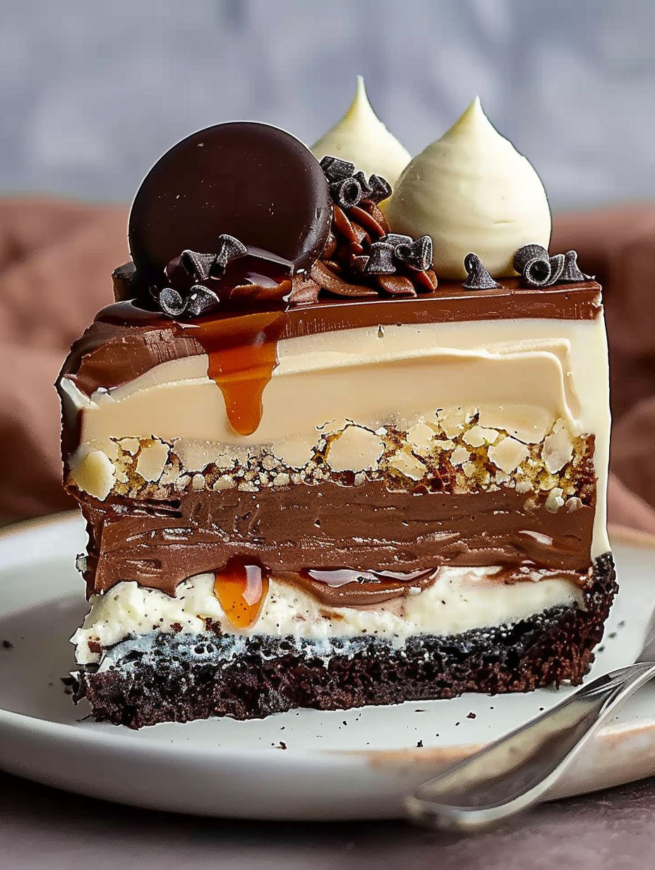 A slice of chocolate cake with white icing and chocolate chips.