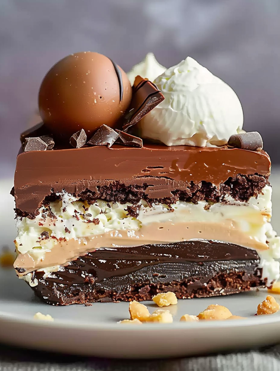 A slice of chocolate cake with white cream and chocolate chips.