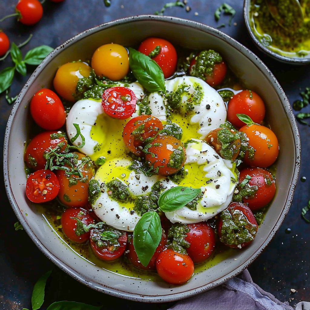 A bowl of food with tomatoes and cheese.