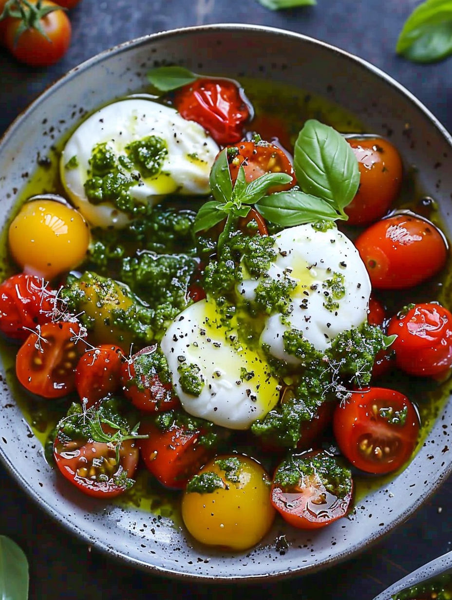A bowl of food with tomatoes and cheese.