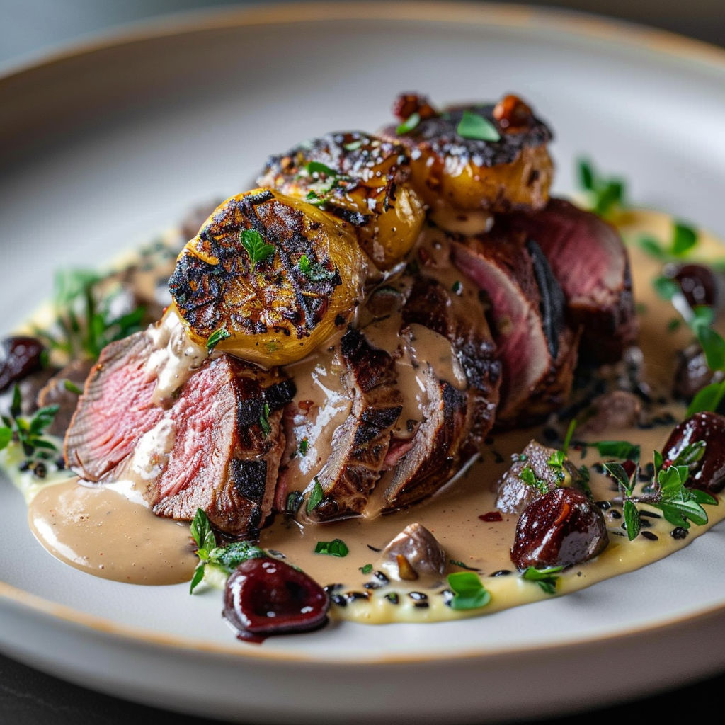A plate of food with a filet boeuf sauce trompette.