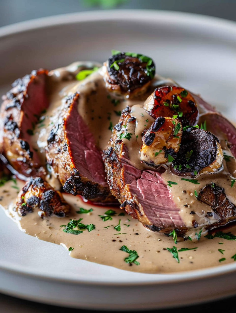 A plate of meat covered in gravy.