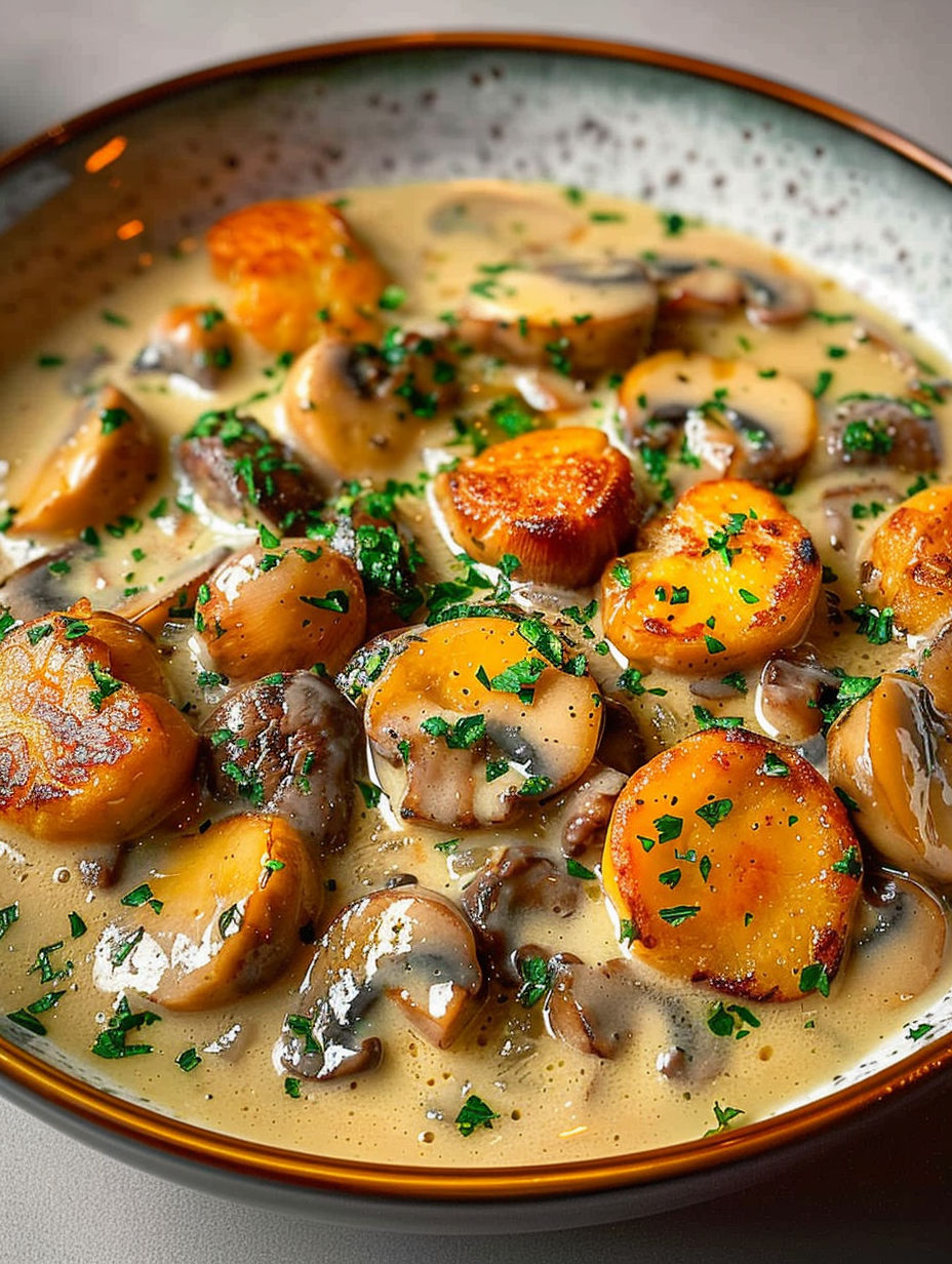 A bowl of food with mushrooms and carrots.