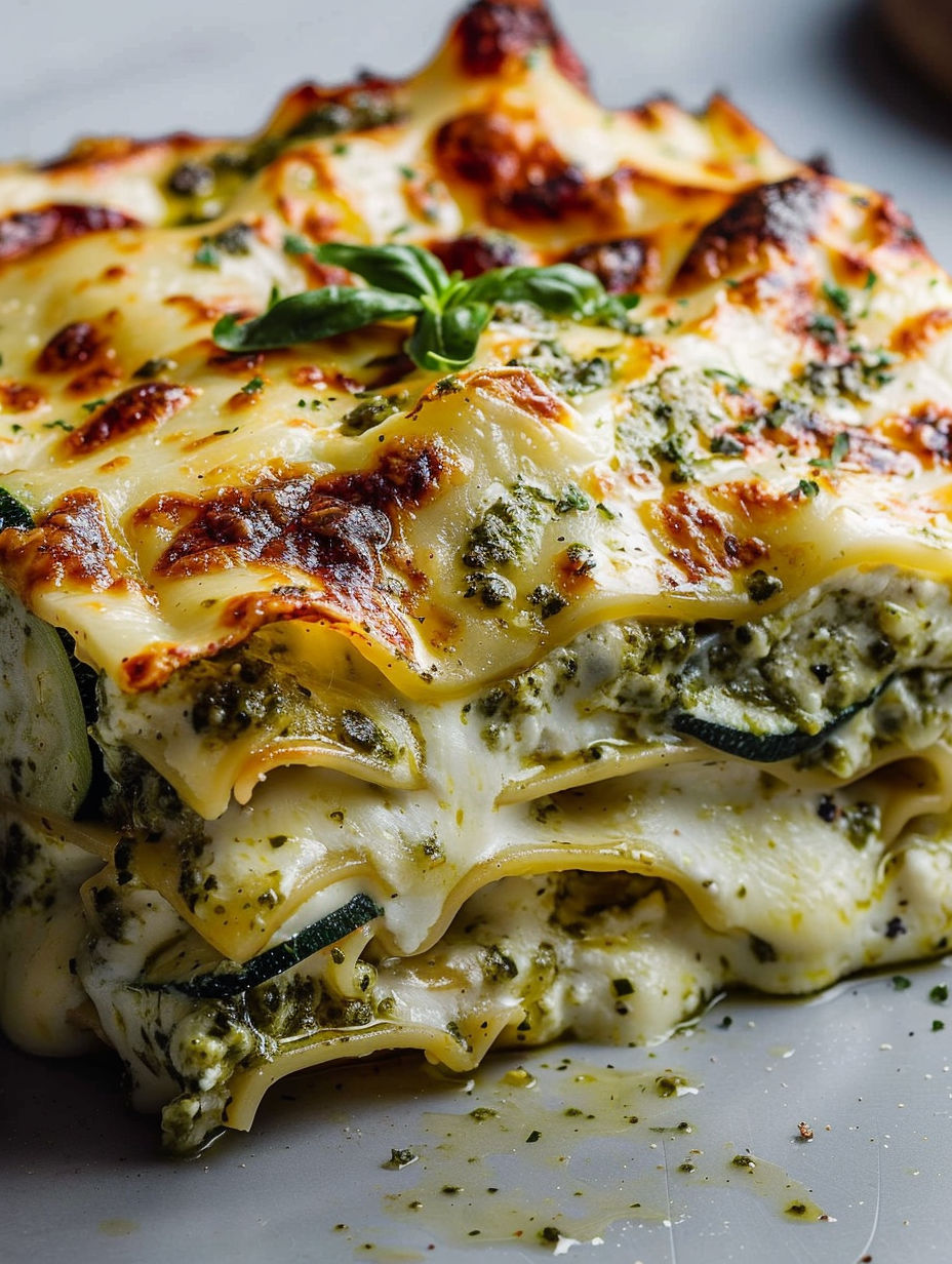 A lasagna with mozzarella and pesto.