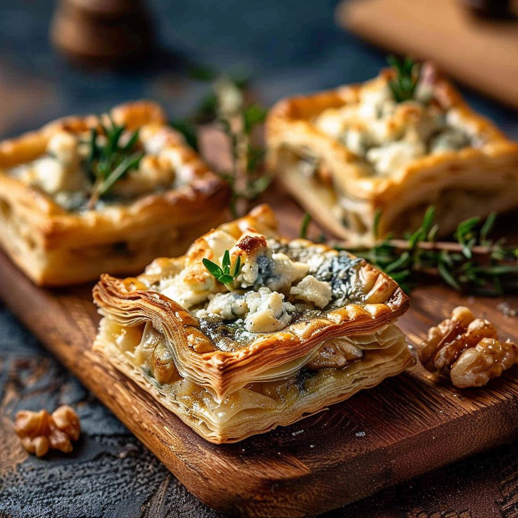 A plate of pastry with blue cheese and walnuts.