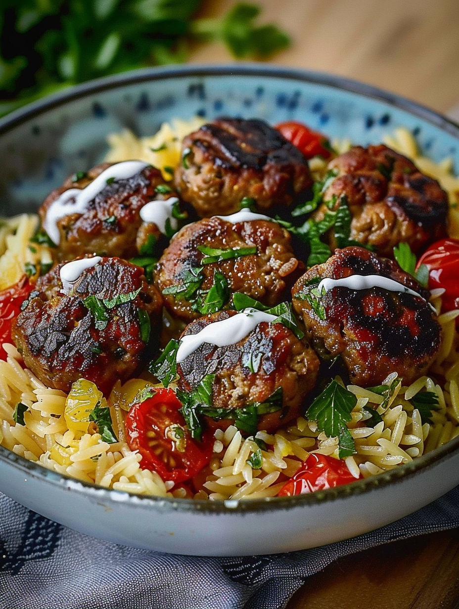 A bowl of food with meatballs and tomatoes.