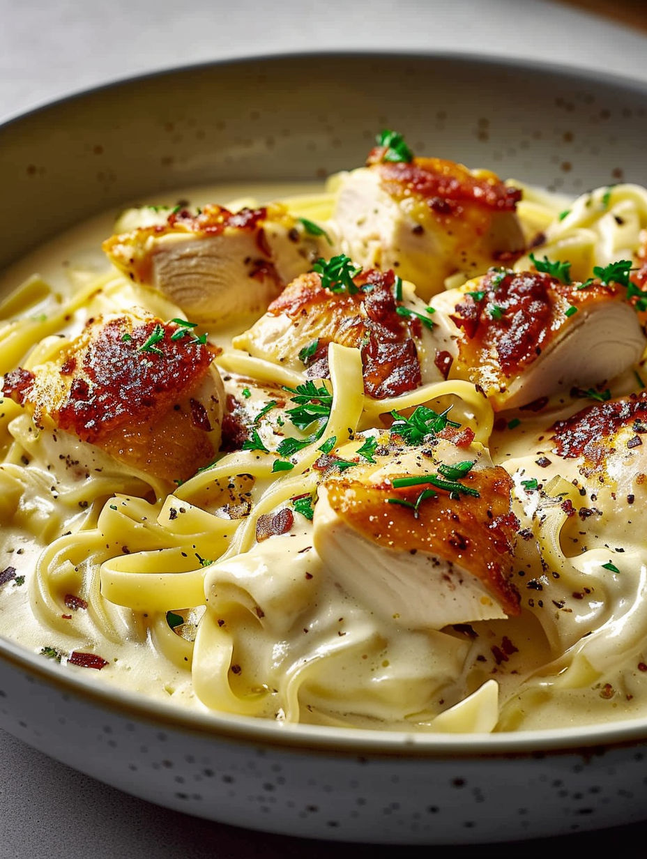 A bowl of pasta with chicken and herbs.