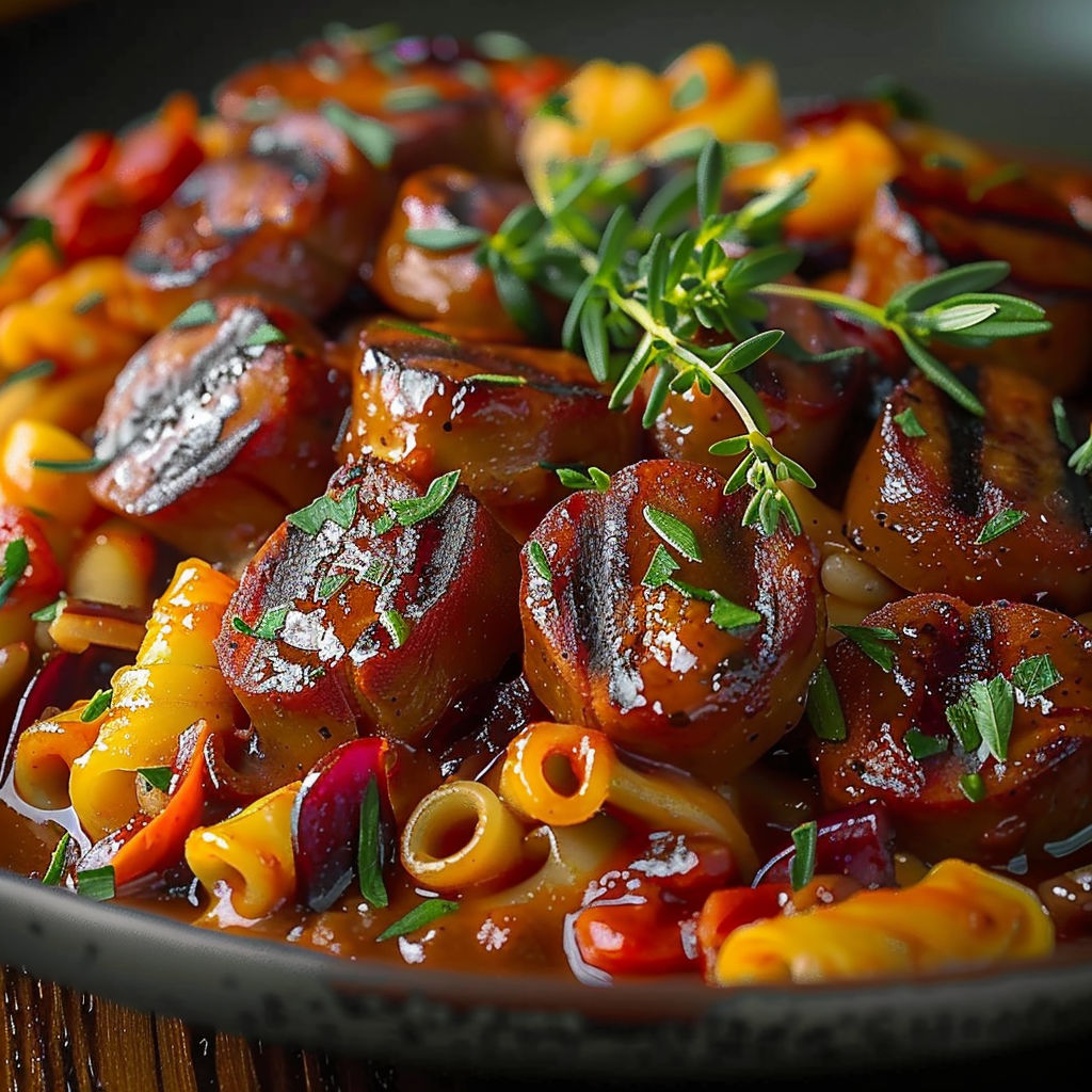 A plate of food with sausage, pasta, and chili.