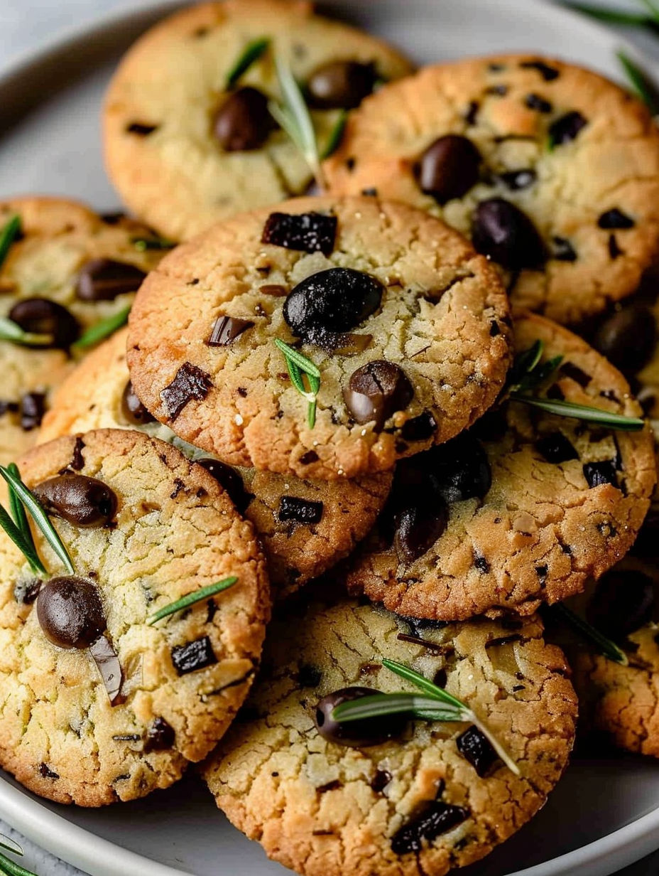A stack of cookies with chocolate chips and black olives.