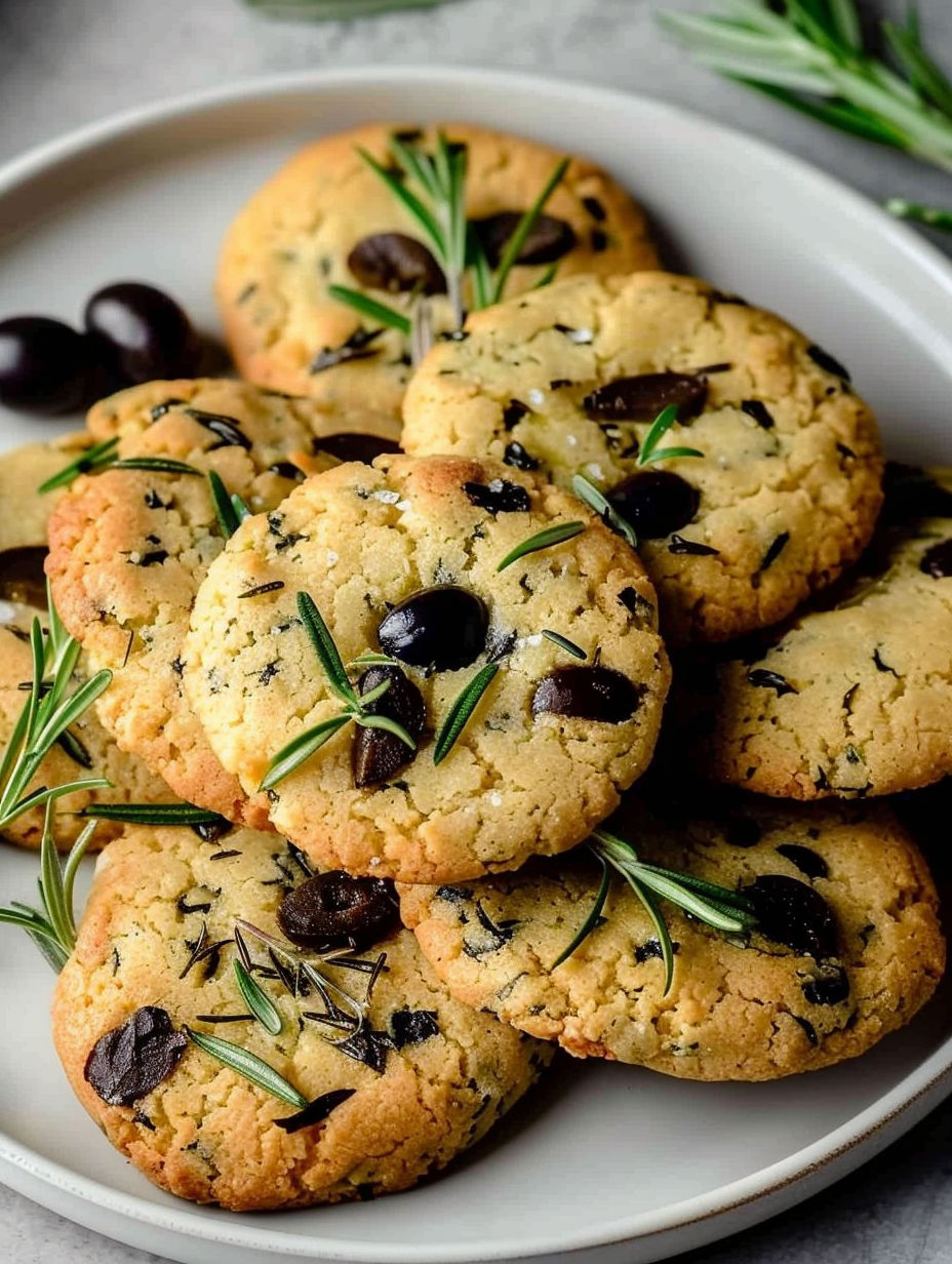 A plate of cookies with black olives and rosemary.
