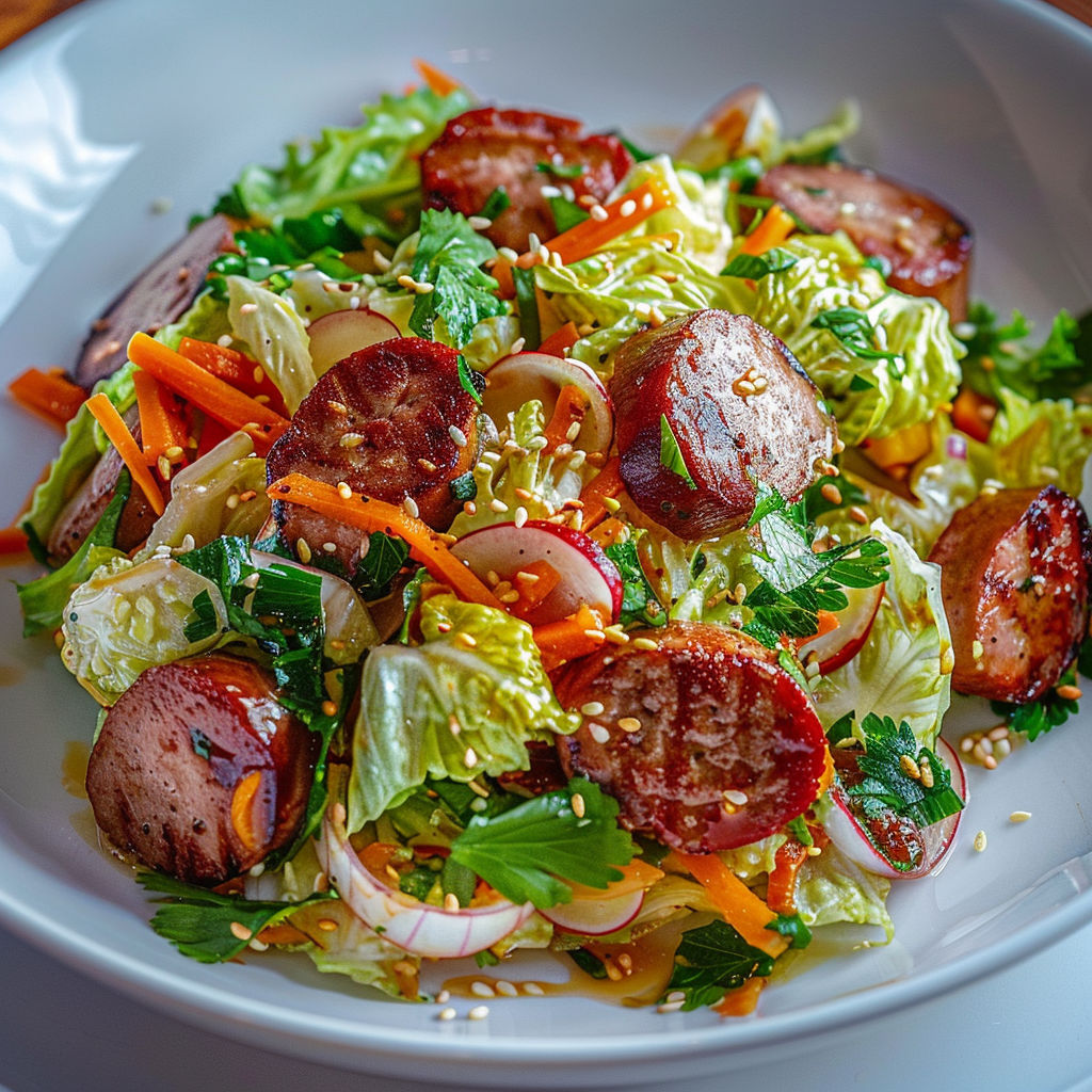 A plate of salad with sausages.